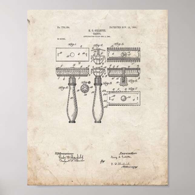 Gillette Razor Patent - Gammalt utseende Poster (Framsidan)