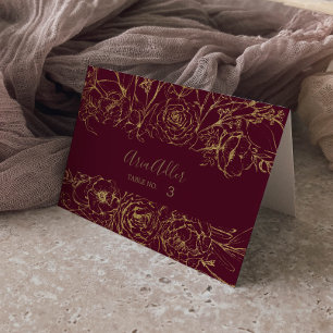 Giltig Blommigt Burgundy & Guld Bröllop ortskort Bordsnummer