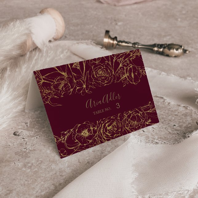 Giltig Blommigt Utskrivbara Burgundy Guld-platskor Inbjudningar (Gilded Floral Printable Burgundy Gold Place Cards)