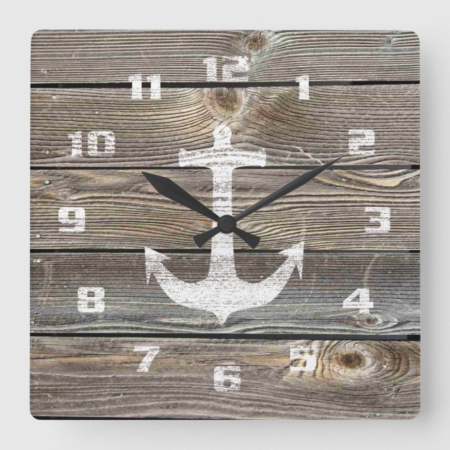 Giltig tittar Wood Rustic Anchor nautical Fyrkantig Klocka (Framsida)