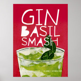 Gin Basil Smash: en Retro Cocktail Red Art Poster