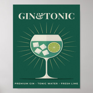 Gin och Tonic Retro Mörkgrön Cocktailgrafik Poster