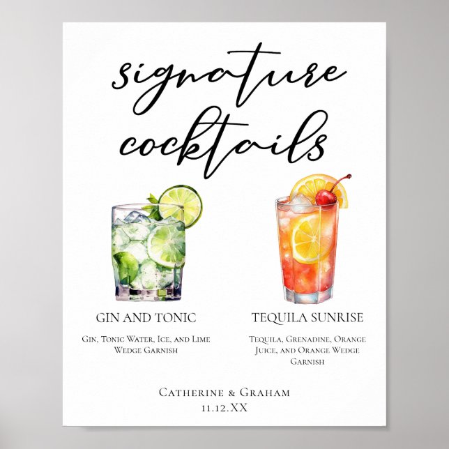 Gin och Tonic Tequila Sunrise Cocktails Menu Poster (Framsidan)