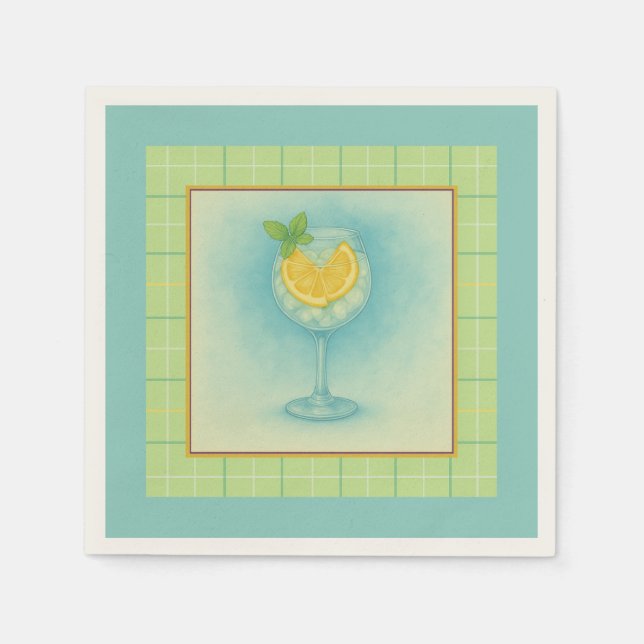 Gin & Tonic Cocktail Napkin – Mint Plaid Pappersservett (Framsidan)