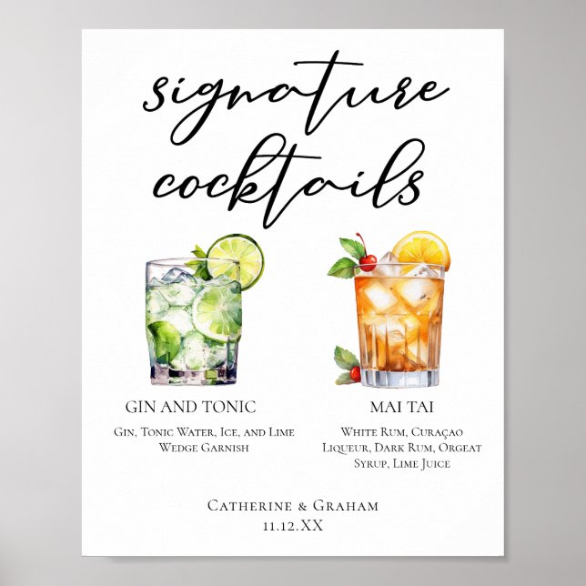 Gin & Tonic Mai Tai Namnteckning Cocktails Menu Poster (Framsidan)