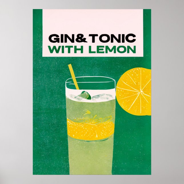 Gin Tonic med Lemon Grönt Retro Art Poster (Framsidan)