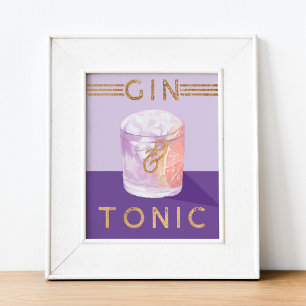 Gin & Tonic Retro Lila Cocktail Watercolor Poster