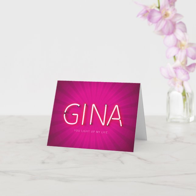 Gina namn i det ljusnande neon ljus-kortet kort (Orkide)