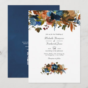 Ginger and Navy Blommigt QR Code OSA Bröllop Inbjudningar
