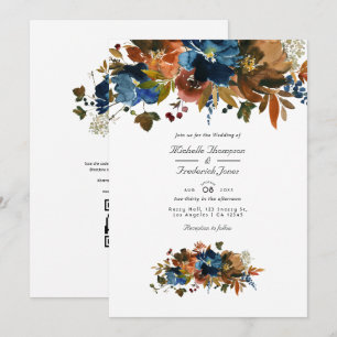 Ginger and Navy Blommigt QR Code OSA Bröllop Inbjudningar