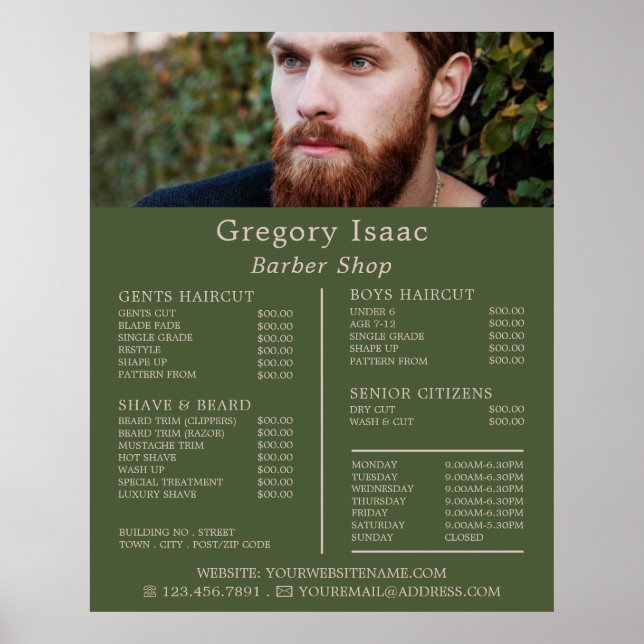 Ginger Beard Model, Herrfrisör Prislista Poster (Framsidan)