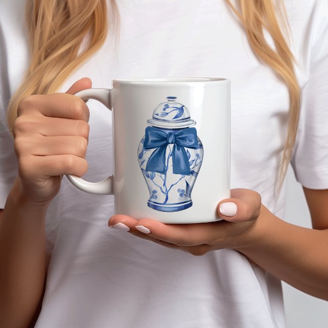 Ginger Burk Bows Chinoiserie Ceramic Coffee Mugg (Chinoiserie blue white ginger jar bow personalized mug)
