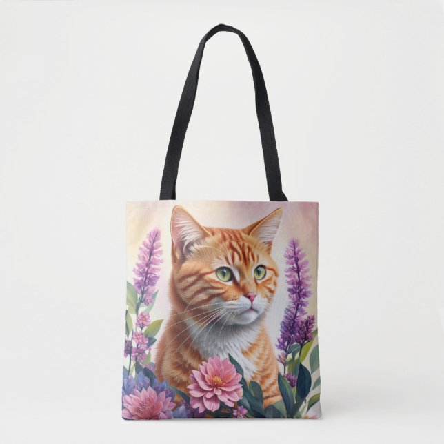 Ginger Cat Blommigt Multifärgad Art Tygkasse (Framsida)