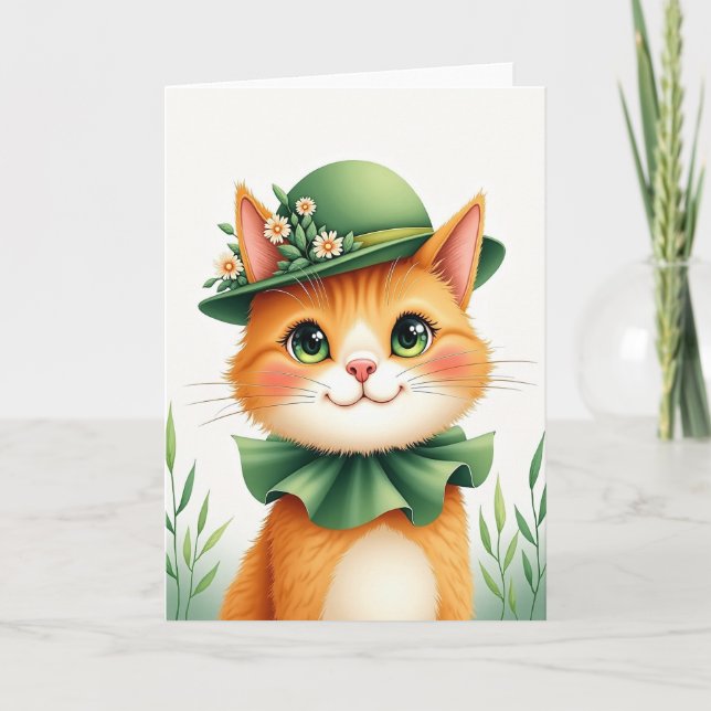 Ginger Cat Bowler Hat Portrait Card Kort (Framsida)