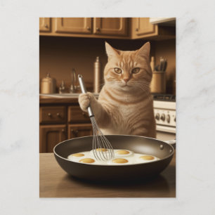 Ginger Cat Cooking Eggs for Breakfast Vykort