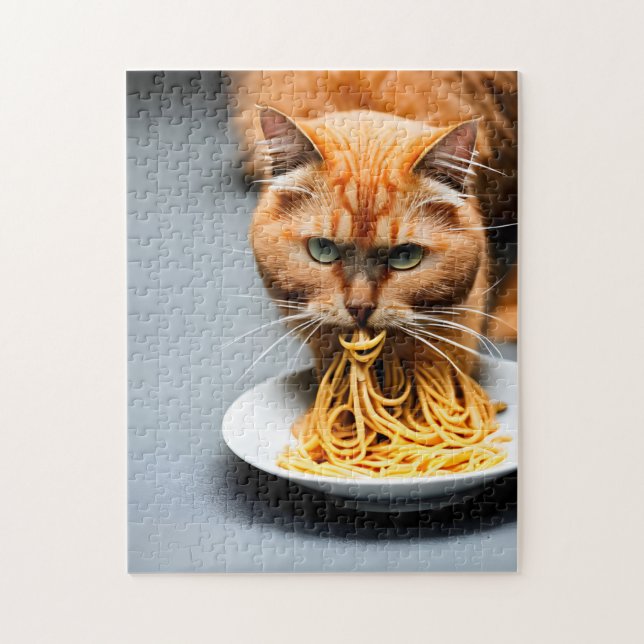 Ginger Cat Eating Spaghetti Pussel (Vertikal)