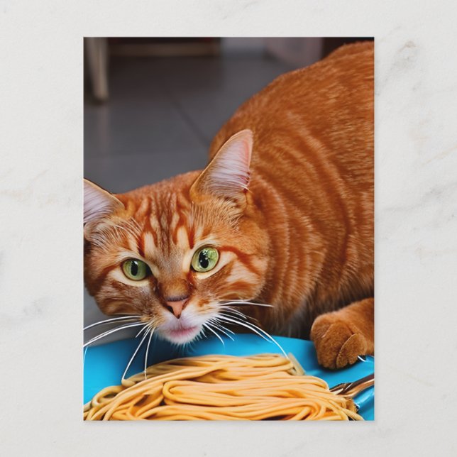 Ginger Cat Eating Spaghetti Vykort (Framsida)