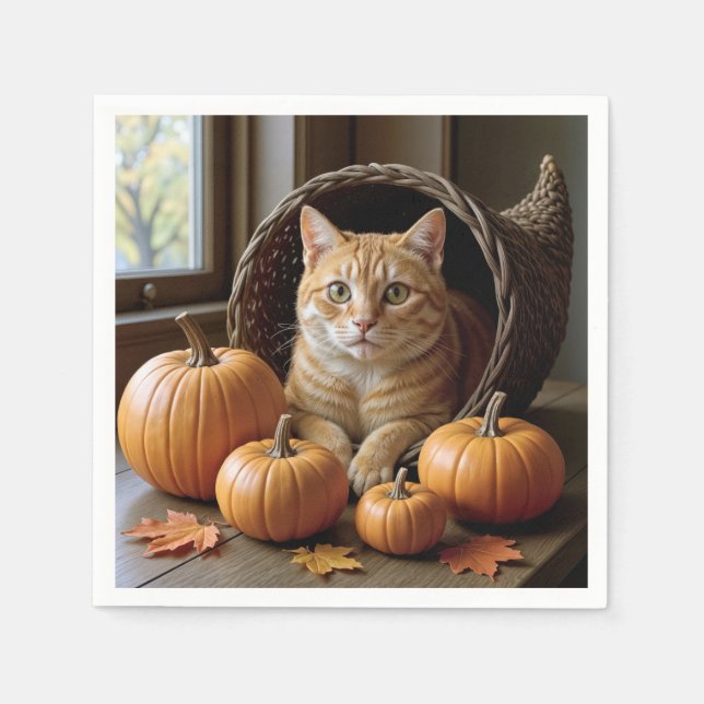 Ginger Cat i en Thanksgiving Wicker Cornucopia Pappersservett (Framsidan)