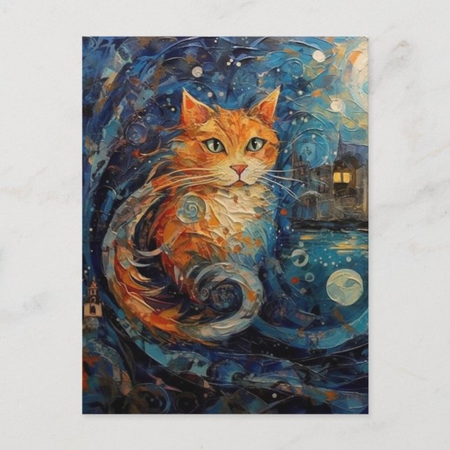 Ginger Cat i Stil i Van Gogh AI Art Vykort (Framsida)