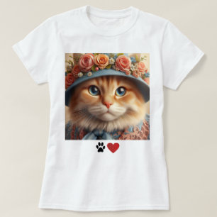 Ginger Cat in Blue Hat with Flowers Cat Lover T Shirt