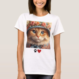 Ginger Cat in Blue Hat with Flowers Cat Lover T Shirt