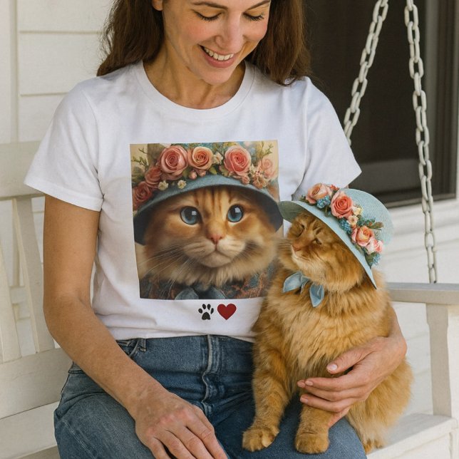 Ginger Cat in Blue Hat with Flowers Cat Lover T Shirt ( a warm, spring‑fresh porch moment with the lady on her swing, petting her cat . Pet lovers  t-shirt)