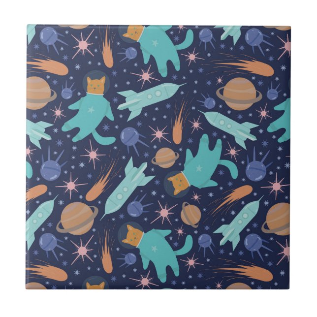 Ginger cat in space galaxy äventyr kakelplatta (Framsidan)