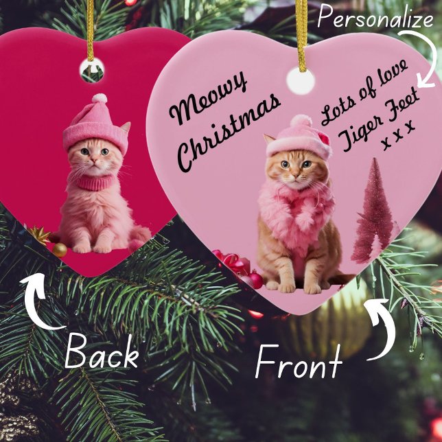 Ginger Cat Lover vid Rosa jul Sweet Heart Julgransprydnad Keramik (Skapare uppladdad)