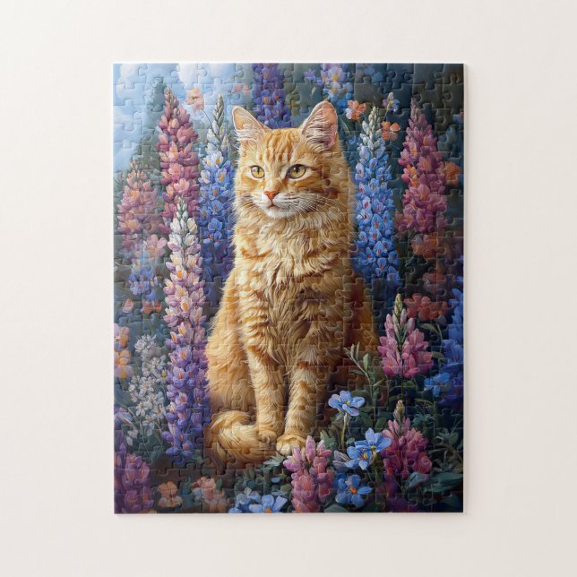 Ginger Cat Lupine Fält Painting Pussel (Vertikal)