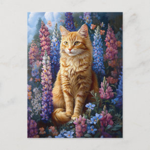 Ginger Cat Lupine Fält Painting Vykort