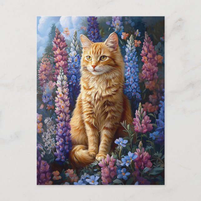 Ginger Cat Lupine Fält Painting Vykort (Framsida)