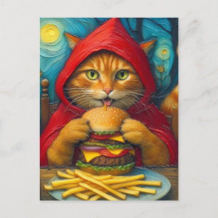Ginger Cat med Cheeseburger och Fries Vykort