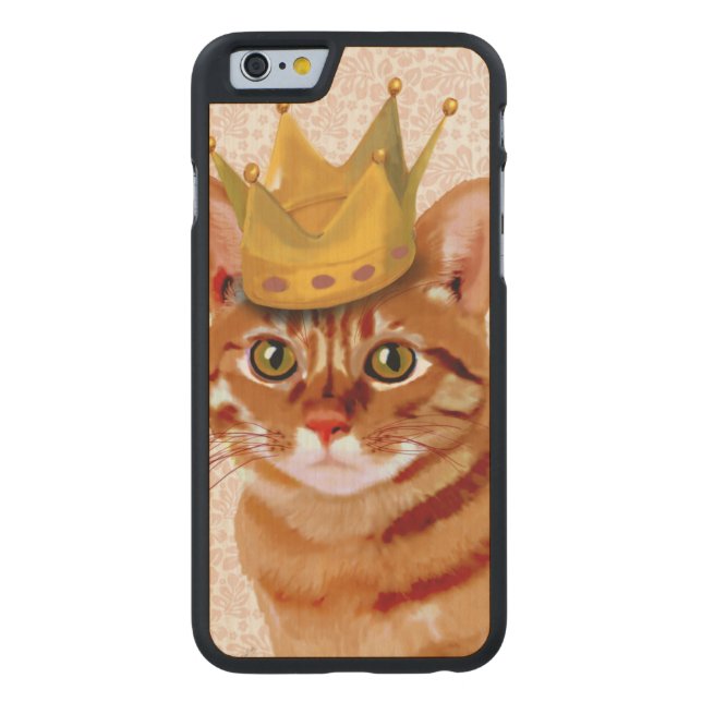 Ginger Cat med Krona Porträtt Carved Wood iPhone Skal (Baksidan)