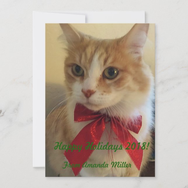 Ginger Cat med Red Ribbon jul Julkort (Framsida)