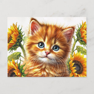 Ginger Cat med solblommor, vattenfärg Vykort