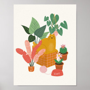 Ginger Cat med växter Poster