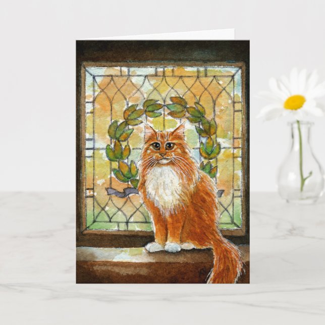 Ginger cat med Victorian nedfläckad glass window Kort (Liten växt)