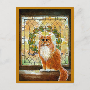 Ginger cat med Viktorian nedfläckad glass vycard Vykort