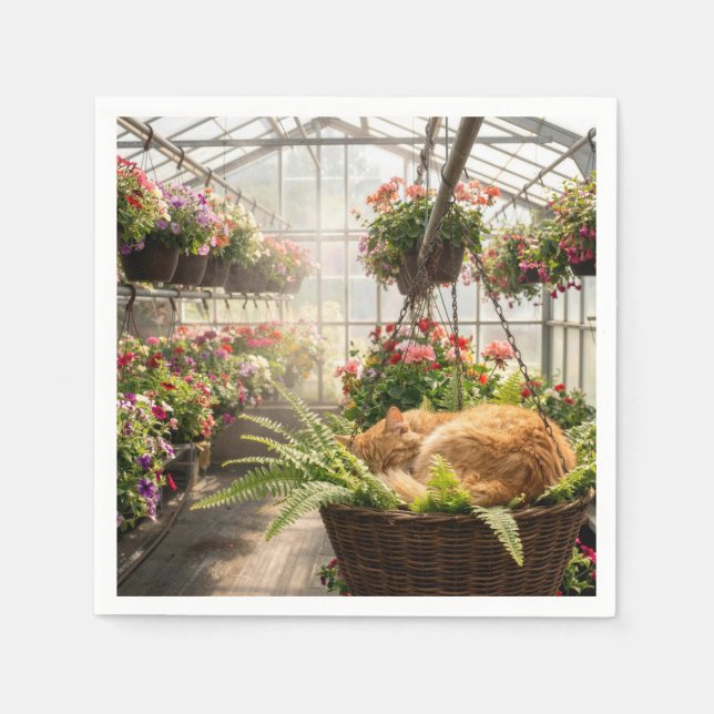 Ginger Cat Napping in Hanging Fern Basket Pappersservett (Framsidan)