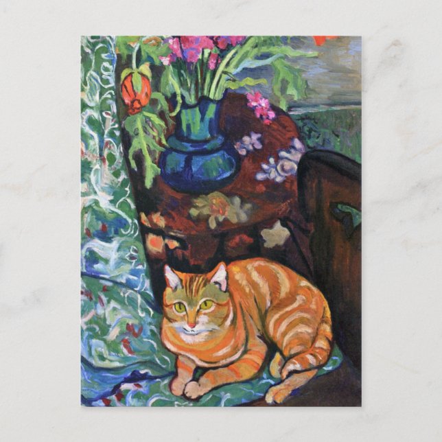 Ginger Cat och Bouquet of Flowers av Valadon Vykort (Framsida)