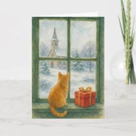Ginger Cat overlooking a winter's scene  Helgkort