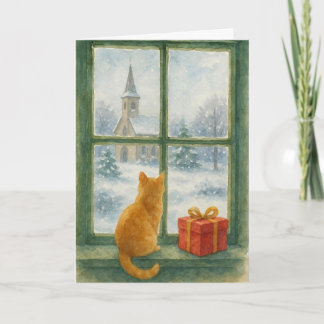 Ginger Cat overlooking a winter's scene Helgkort