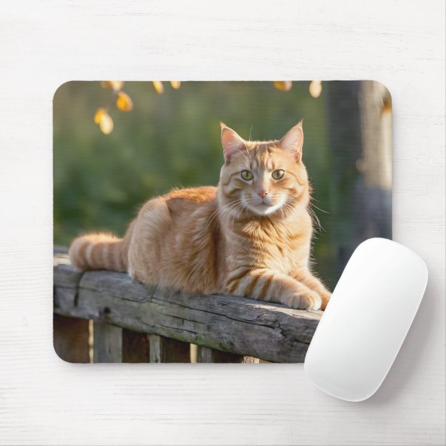 Ginger Cat på ett Rustic-stängsel Musmatta (Med mus)
