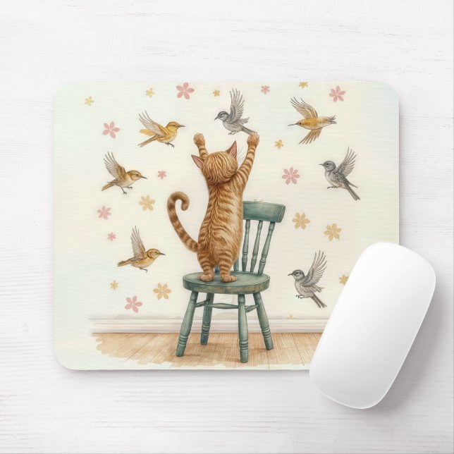 Ginger Cat som fångar fåglar vid Tapet Musmatta (Med mus)