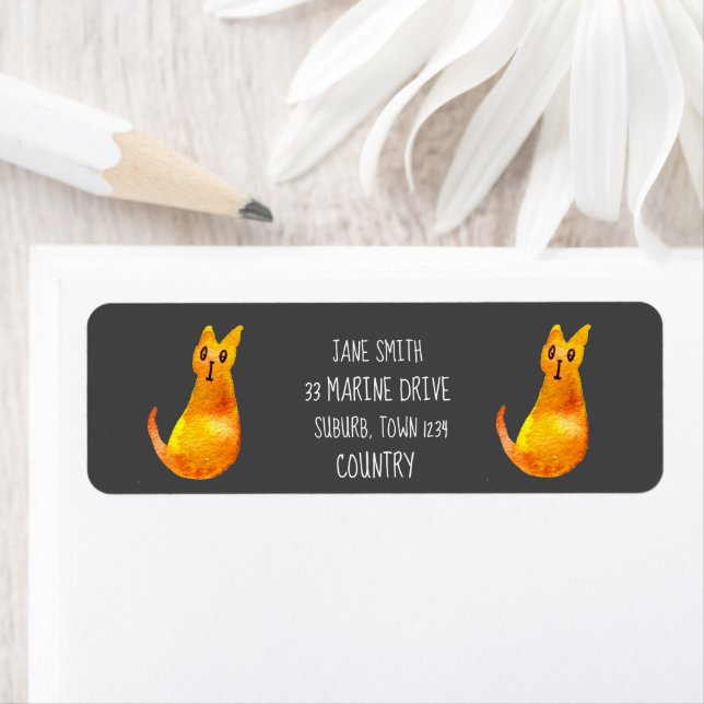 Ginger cat söt vattenfärgsillustration art returadress etikett (Insitu)