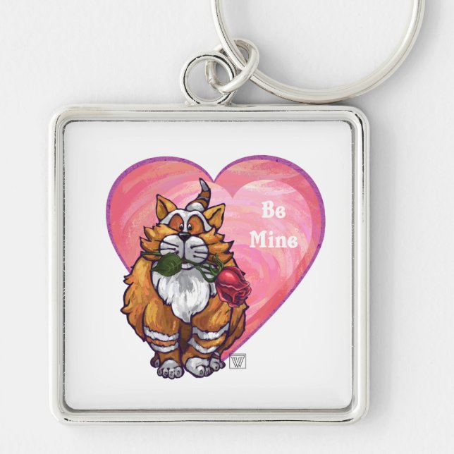 Ginger Cat Valentine Day Fyrkantig Silverfärgad Nyckelring (Framsidan)