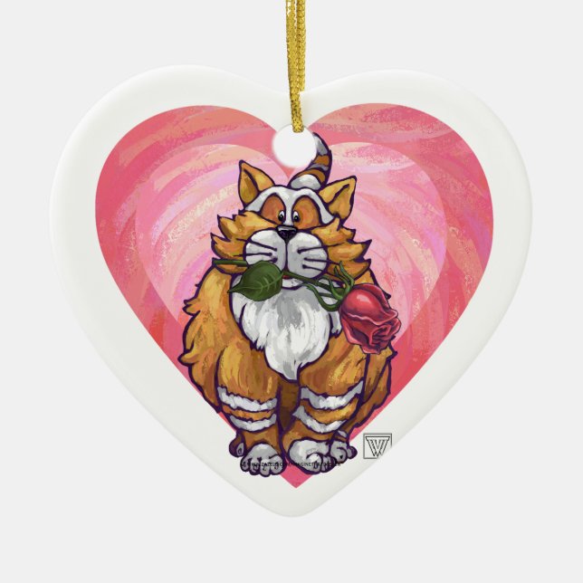 Ginger Cat Valentine Day Julgransprydnad Keramik (Framsidan)