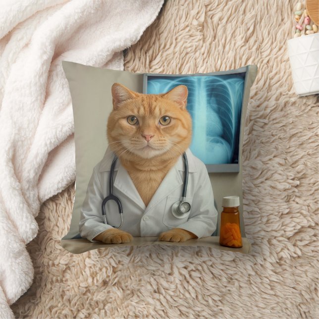 Ginger Cat Wearing a Doctor Lab Coat Kudde (Filt)