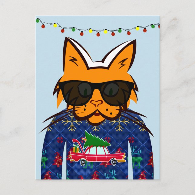 GINGER CAT WEARING CHRISTMAS SWEATER POSTCARDS HELG VYKORT (Framsida)
