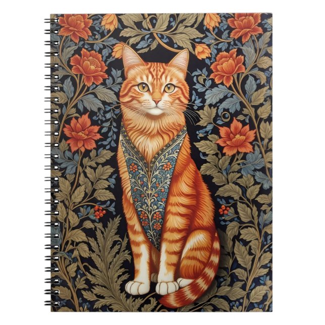 Ginger Cat William Morris Inspired Blommigt Anteckningsbok (Framsidan)